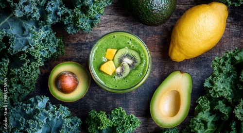 Fresh green smoothie surrounded by ingredients on a wooden table with bright ...