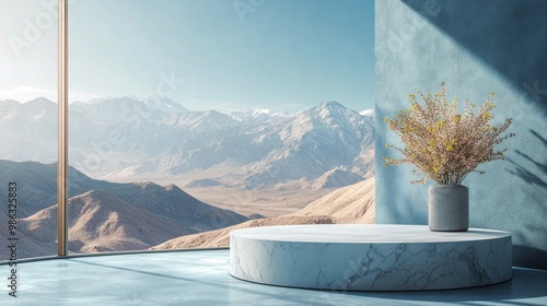 Serene indoor space featuring a circular marble platform with plants and moun...