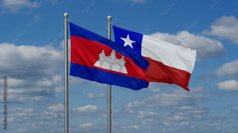 Chile and Cambodia flags flying together, video concept of the relationship, two country relations concept Chile and Cambodia flags flying together, video concept of the relationship, two country relations concept