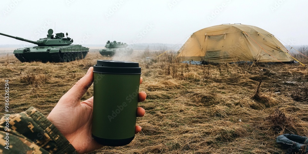 Fototapeta premium A soldier holds a green thermos while standing in a field. Tanks and a tent are visible in the background. This image captures the essence of military life outdoors. AI