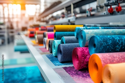 Colorful Rolls of Fabric in a Textile Factory