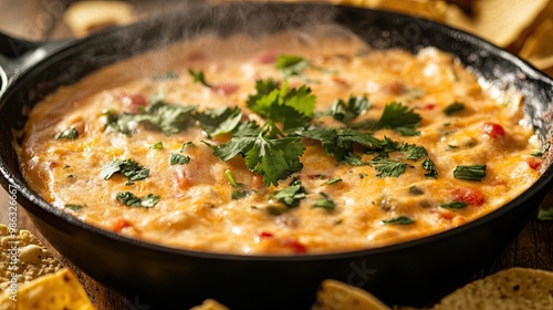 A hot skillet of melted, bubbling queso dip with steam rising, garnished with fresh cilantro and served with tortilla chips.