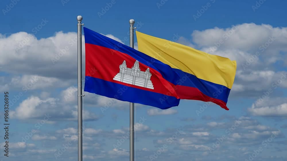 Colombia and Cambodia flags flying together, video concept of the relationship, two country cooperation concept Colombia and Cambodia flags flying together, video concept of the relationship, two country cooperation concept