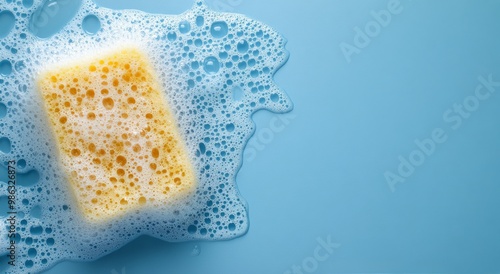 Soapy sponge resting on a blue surface with bubbles scattered around during c...