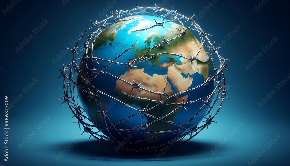 A globe wrapped in barbed wire symbolizes confinement and restricted freedom, highlighting global issues around borders and barriers. A globe wrapped in barbed wire symbolizes confinement and restricted freedom, highlighting global issues around borders and barriers.