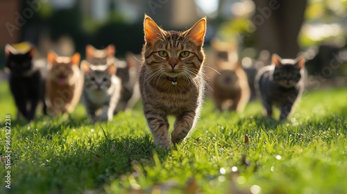Four playful cats joyfully running through a colorful autumn park during gold...