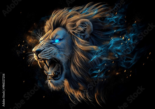 A lion with blue focusing eyes with angry face