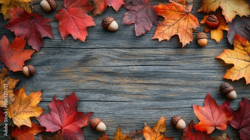 Autumn leaves and acorns arranged beautifully on dark wooden surface during f...