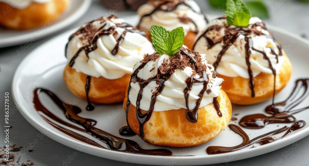 Tasty dessert with whipped cream and chocolate drizzle served at a casual gathering Tasty dessert with whipped cream and chocolate drizzle served at a casual gathering