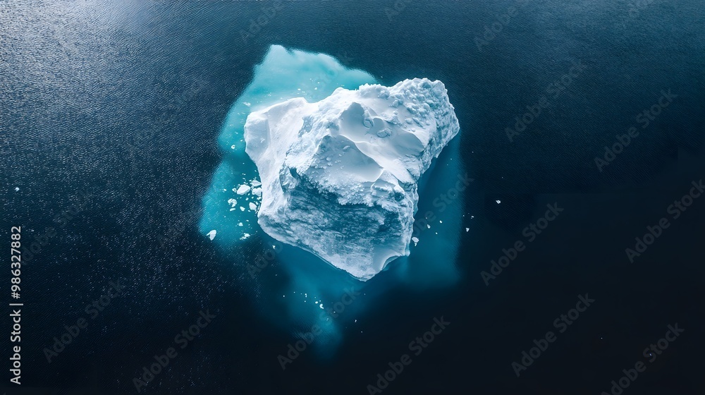 An aerial view of an iceberg floating in the water, showcasing its massive size and intricate details. The cold blue tones of the ice contrast with the dark ocean waters. An aerial view of an iceberg floating in the water, showcasing its massive size and intricate details. The cold blue tones of the ice contrast with the dark ocean waters.
