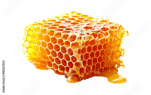 Honeycomb dripping with golden honey on a transparent background