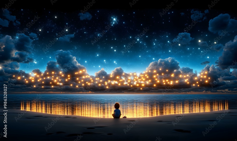 Fototapeta premium Celestial Reverie, a whimsical nightscape filled with twinkling stars and ethereal clouds, inviting exploration of the infinite cosmos.