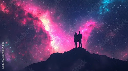 Silhouette of a couple gazing at a vibrant cosmic sky.