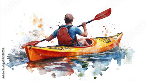 Watercolor painting of a man kayaking in water