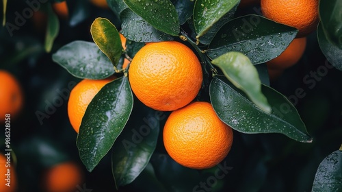 Bright oranges hanging on tree branches in a sunlit orchard during late after...