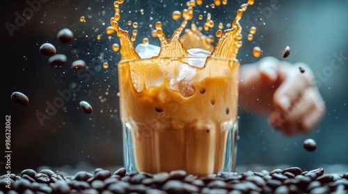Refreshing drink splashing in a glass filled with ice, captured in warm after...