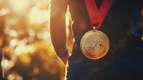 A medal glistening in the sun held high by an athlete after winning a race