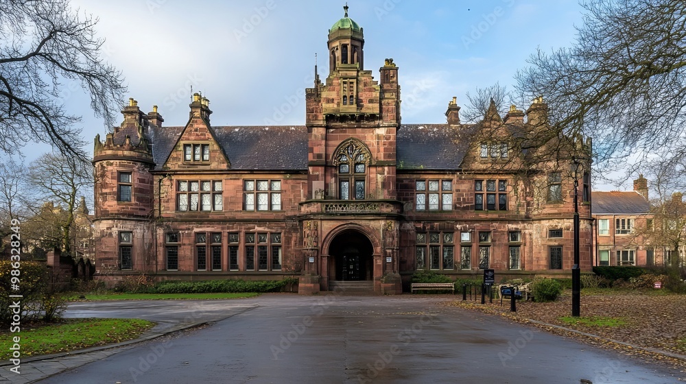Naklejka premium Pollokshields Burgh Hall is a municipal building located in the Maxwell Park, Glasgow Scotland England UK. Burg Hall is made of dark red sandstone