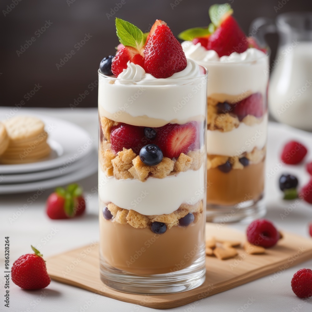 Two layered desserts with vanilla ice cream graham crackers caramel sauce strawberries blueberries mint and raspberries on a colorful plate. Two layered desserts with vanilla ice cream graham crackers caramel sauce strawberries blueberries mint and raspberries on a colorful plate.