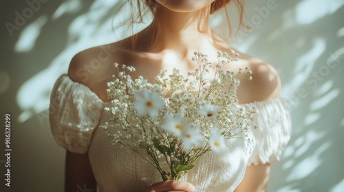 A soft-lit moment with a woman holding delicate flowers in a tranquil atmosphere
