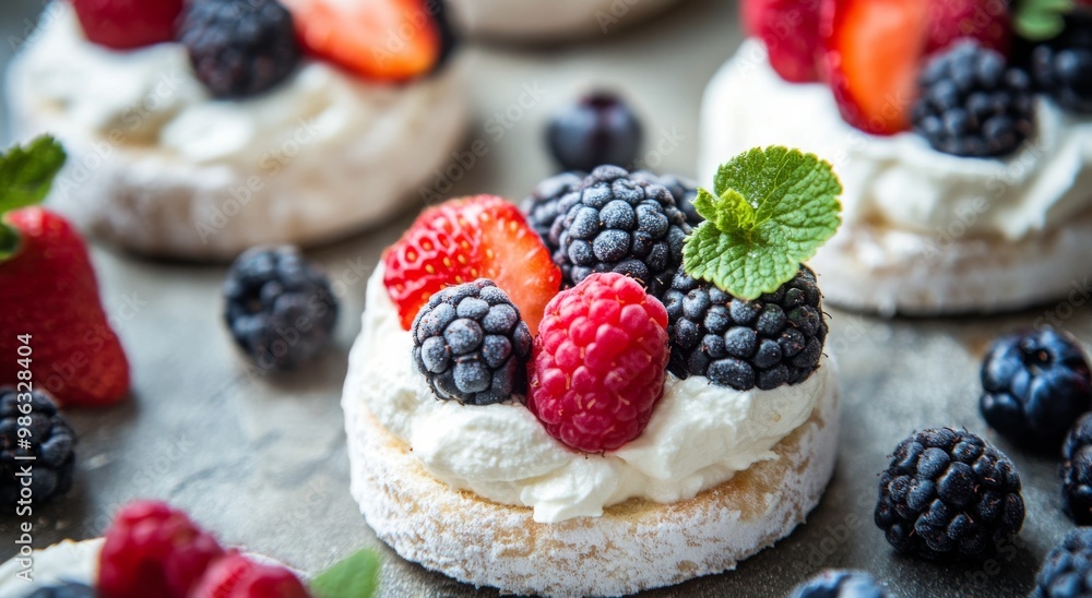 Fresh berries on a rice cake topped with cream and mint served on a gray background Fresh berries on a rice cake topped with cream and mint served on a gray background