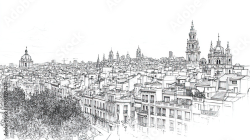 LHospitalet de Llobregat, Spain, black and white pen pencil hand-drawn effect drawing illustration for travel poster, card, wallpaper, backdrop or banner. Modern, clear, artistic and simple photo