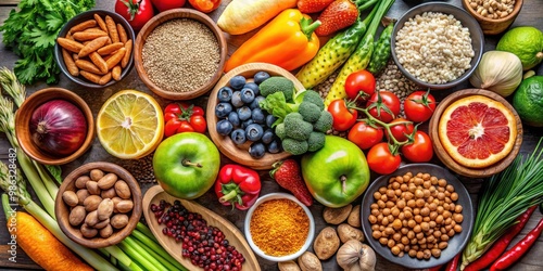 Selection of healthy food options for a balanced diet, including fresh vegetables, fruits, legumes, nuts, and whole grains