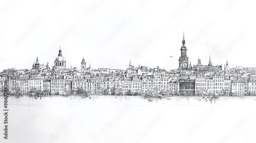 Fototapeta premium Lille, France, black and white pen pencil hand-drawn effect drawing illustration for travel poster, card, wallpaper, backdrop or banner. Modern, clear, artistic and simple