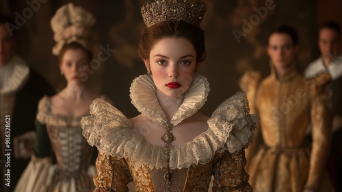 Elizabethan fashion with ruffled collars and elaborate gowns in a royal court setting