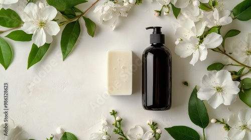 Crafting natural beauty products with an amber bottle and green leaves on a s...