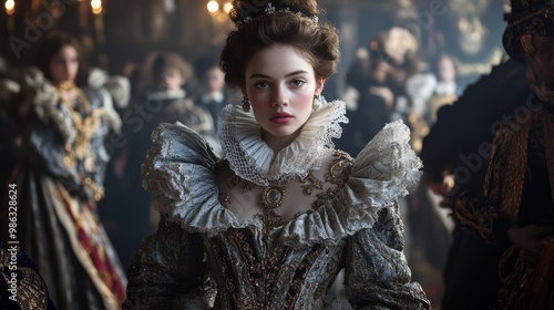 Elizabethan fashion with ruffled collars and elaborate gowns in a royal court setting