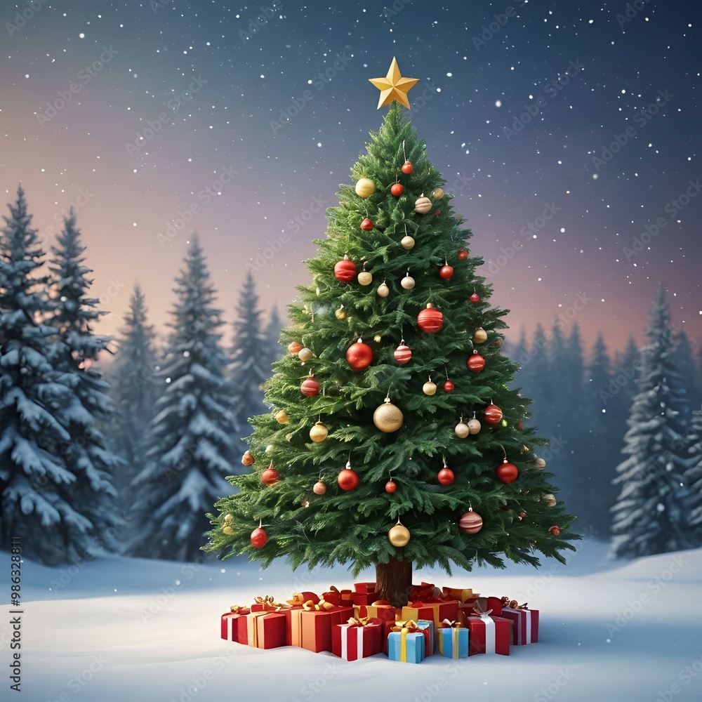 Beautiful Christmas tree decorated with ornaments and gifts, creating a festive winter wonderland scene Beautiful Christmas tree decorated with ornaments and gifts, creating a festive winter wonderland scene