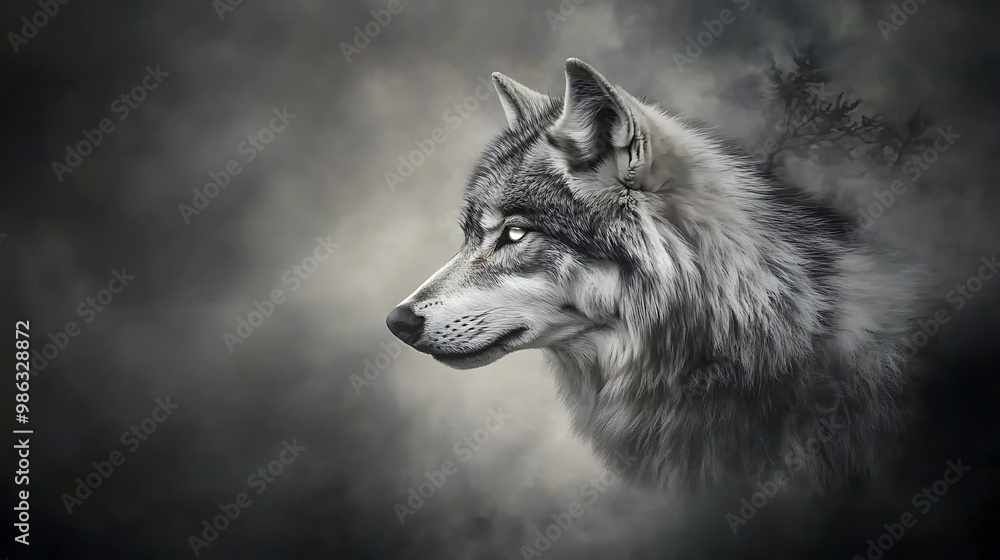 Majestic wolf with glowing eyes gazing into the distance amidst a misty, dramatic background Majestic wolf with glowing eyes gazing into the distance amidst a misty, dramatic background