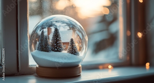 A cozy snow globe featuring miniature trees by a window during sunset