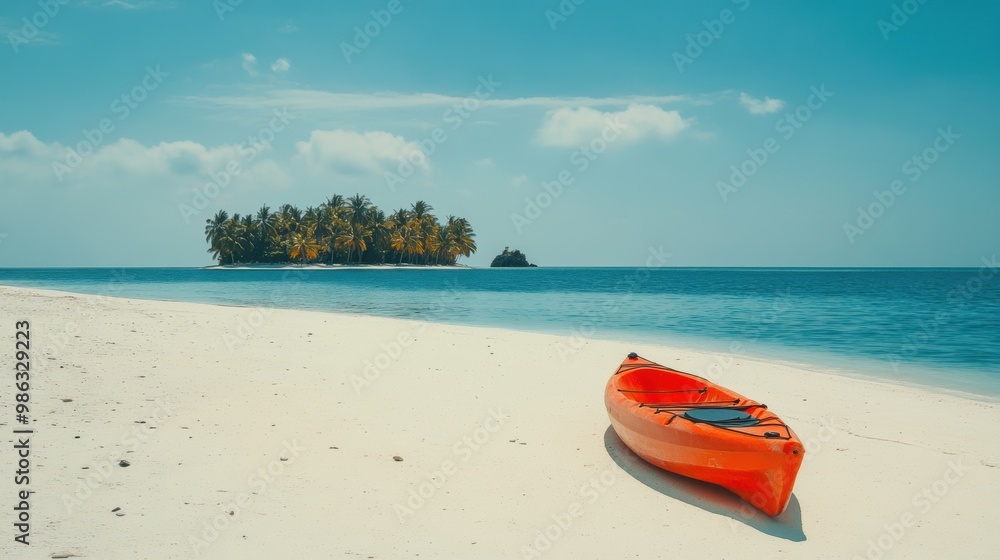 Kayak boat in tropical beach with island in sea Kayak boat in tropical beach with island in sea