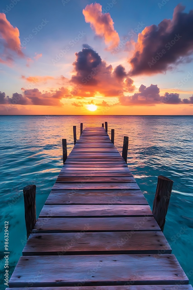 Fototapeta premium Wooden Dock Extending into the Ocean at Sunset