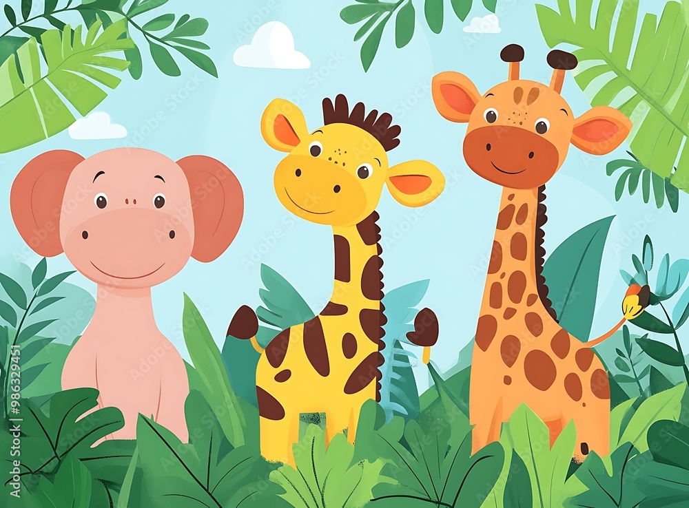 Naklejka premium Cute Cartoon Giraffes and Elephant in the Jungle