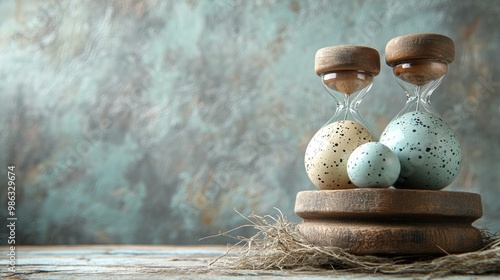 Arrangement of various eggs beside an hourglass on a neutral background durin...