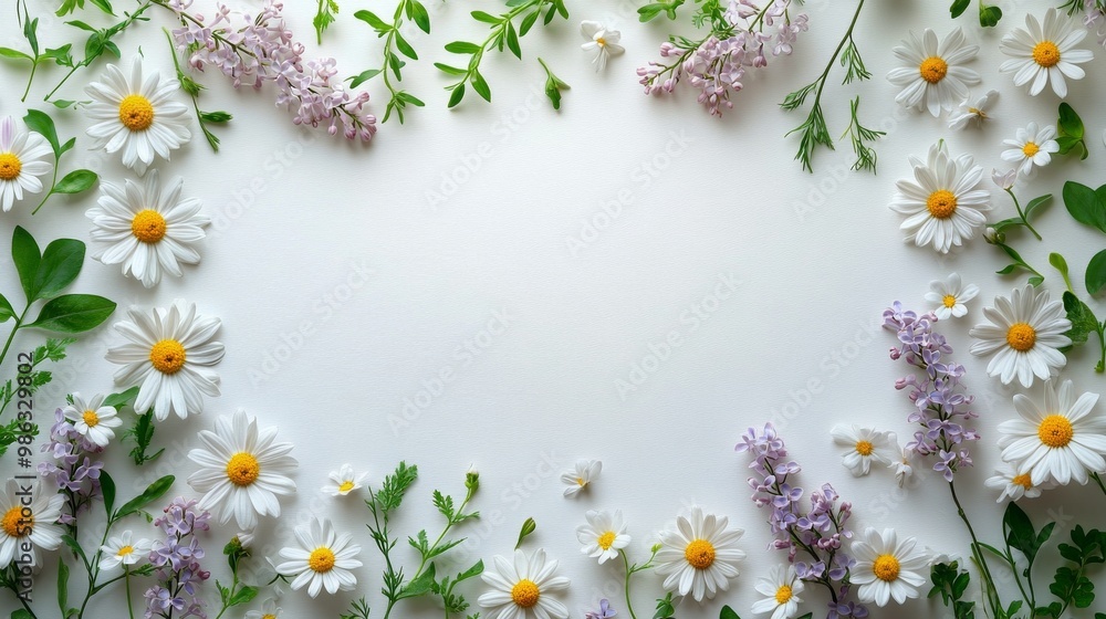 Colorful purple and pink flowers arranged artistically on a white background with green leaves Colorful purple and pink flowers arranged artistically on a white background with green leaves