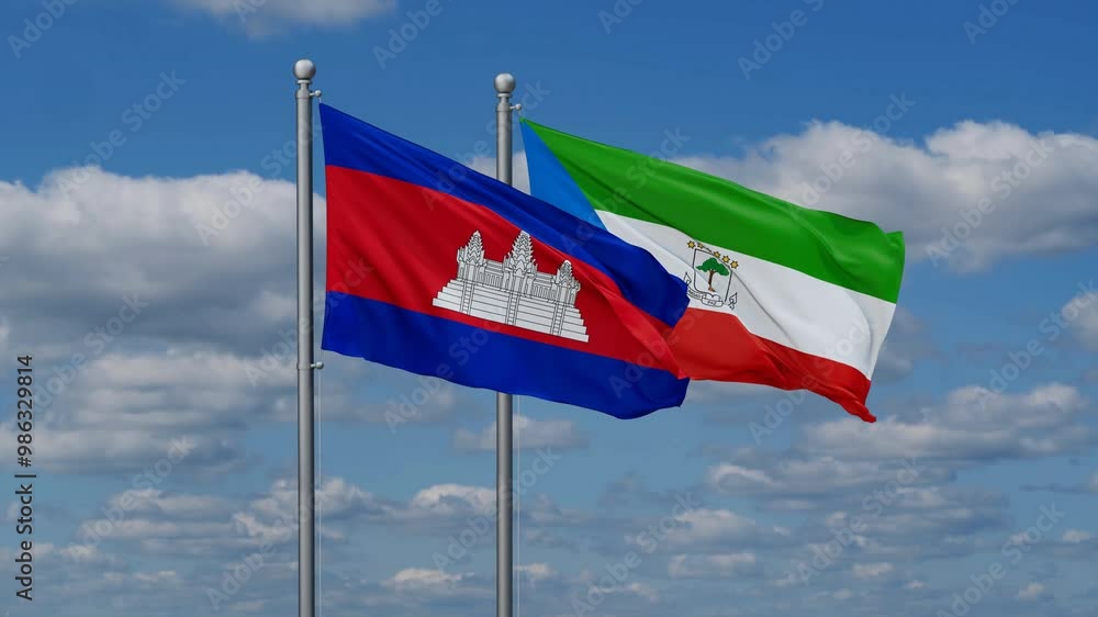 Equatorial Guinea and Cambodia flags flying together, video concept of the relationship, two country relations concept Equatorial Guinea and Cambodia flags flying together, video concept of the relationship, two country relations concept