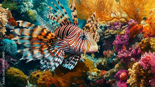 Colorful lionfish swimming through vibrant coral reef at sunset in tropical waters
