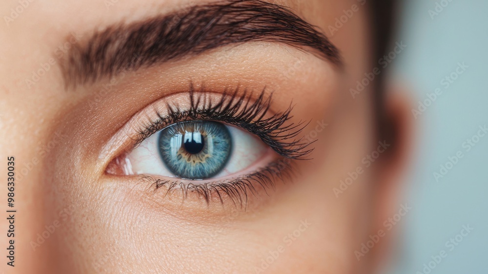 Obraz premium Close-up of a beautiful blue eye with long lashes, showcasing intricate details and a captivating gaze against a soft background.