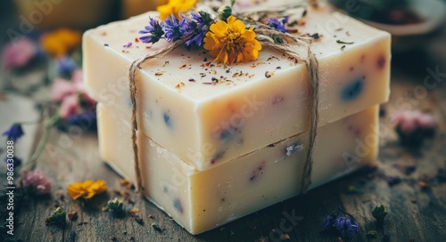 Handcrafted herbal soap with dried flowers on wooden surface in natural setting
