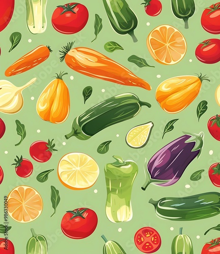 Green Background with Vegetables Seamless Pattern