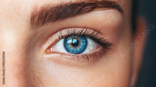 Close-up of a bright blue eye highlighting detailed iris and eyelashes, showcasing beauty and emotion.