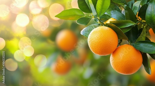 Bright oranges hanging on tree branches in a sunlit orchard during late after...
