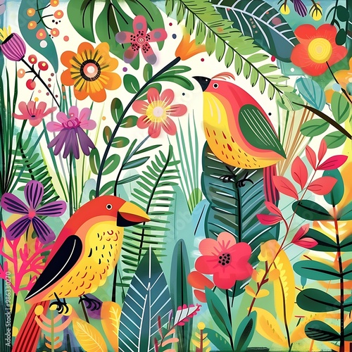 Two Colorful Birds in a Lush Tropical Garden