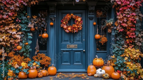 Autumn porch decorated with colorful leaves, pumpkins, and a wreath for the f...