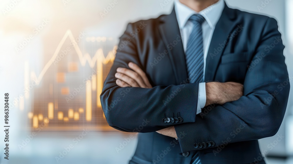 Business leader standing confidently with arms folded in front of a glowing financial chart, symbolizing corporate power executive success, business strategy Business leader standing confidently with arms folded in front of a glowing financial chart, symbolizing corporate power executive success, business strategy