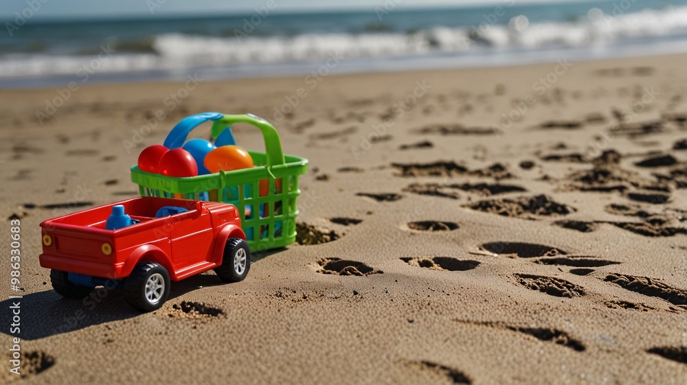 Naklejka premium car toy beach plastic, clean sand, good atmosphere, relaxing, traveling on holidays, weekends.